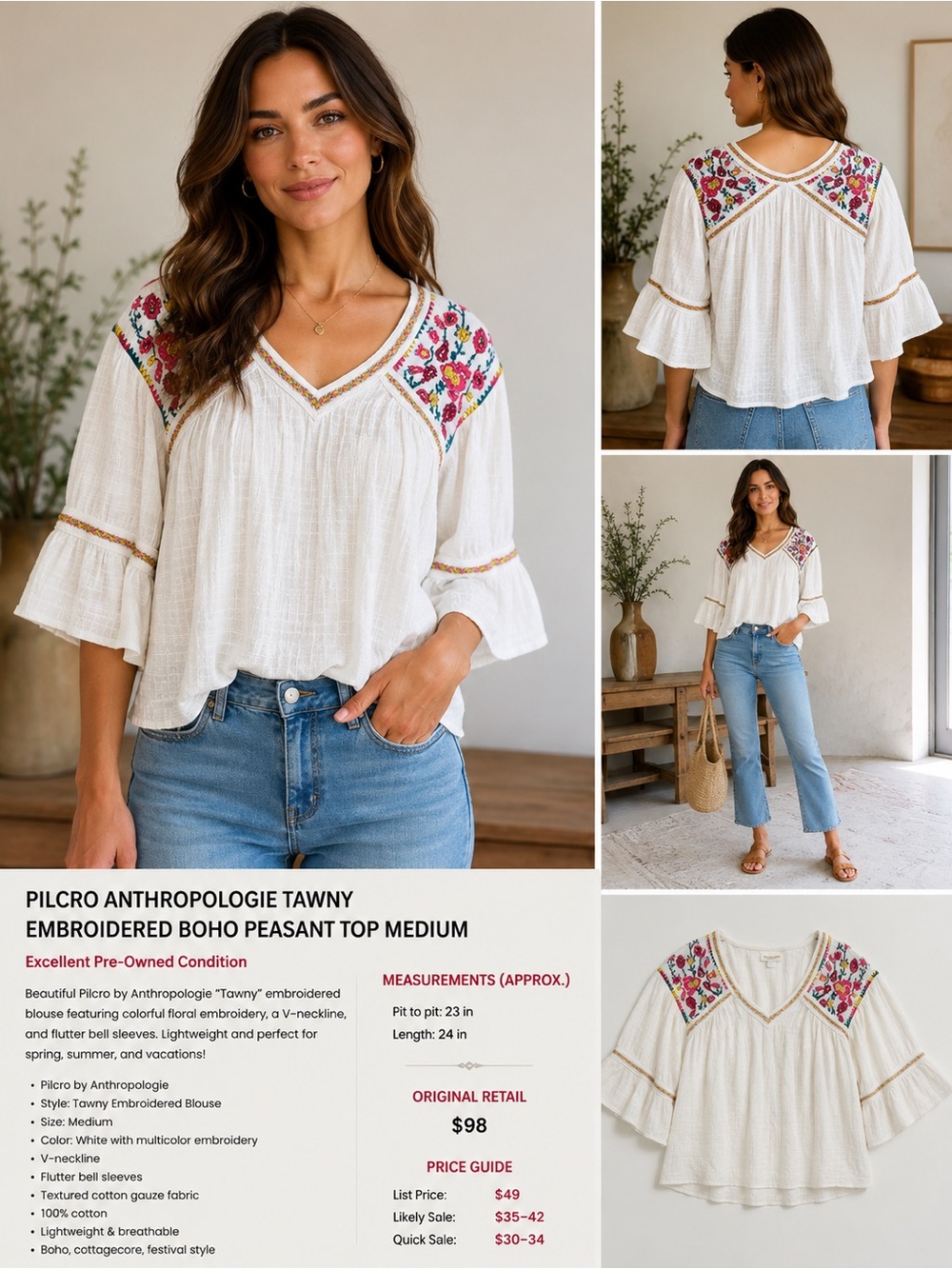 Pilcro Anthropologie Tawny Embroidered Boho Peasant Top Medium Like New - Picture 2 of 9